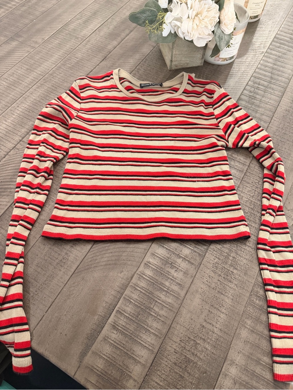 Brandy Melville Red and Cream Striped Ribbed Long-Sleeve Top